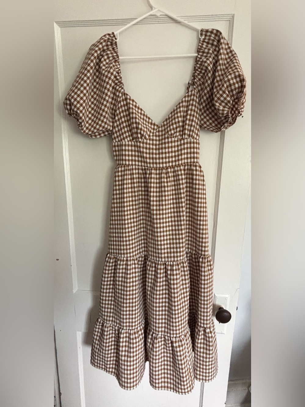 Brown Gingham Puff-Sleeve Midi Dress Le Lis Collection Large
